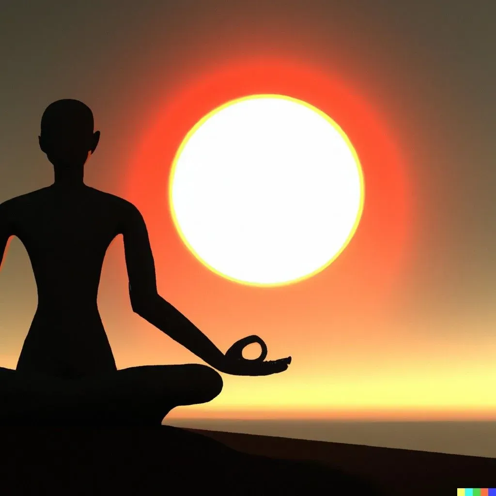 A person seated in meditation, silhouetted against a bright sunrise